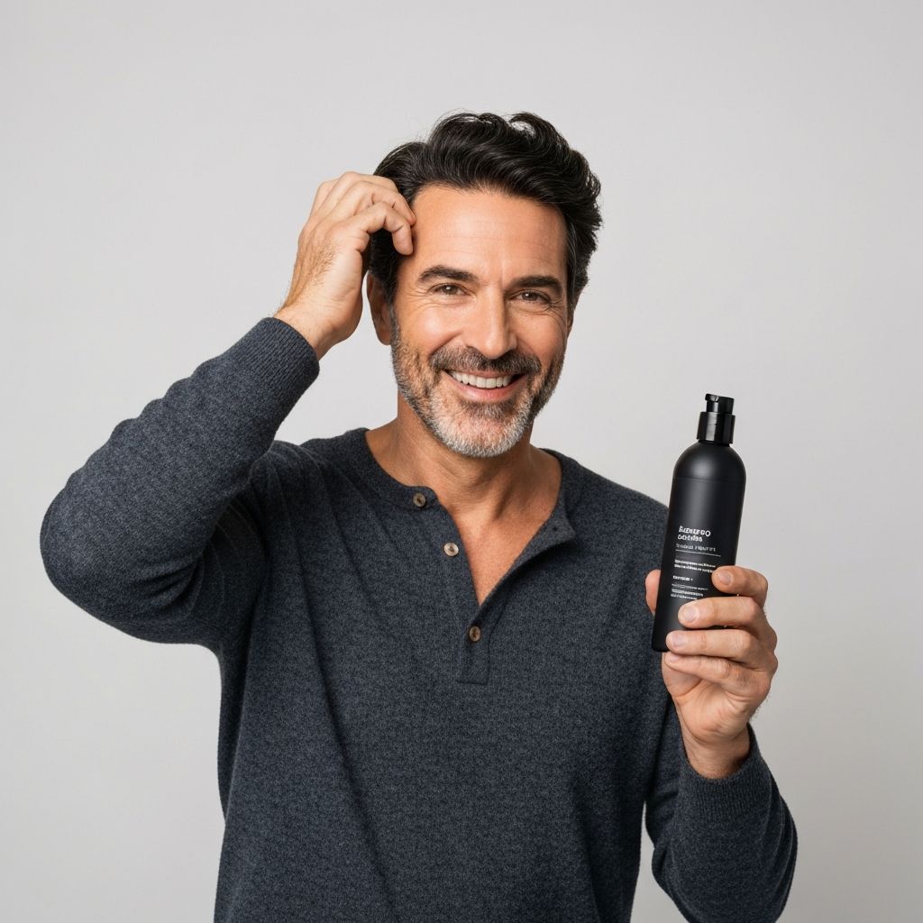 Confident man with healthy thick hair holding Aughs shampoo
